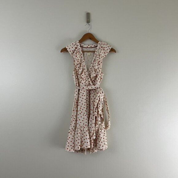 Anthropologie Maeve Cream Rust Polka Dot Ruffled Tie Waist Mini Dress Size XXS - Picture 1 of 7
